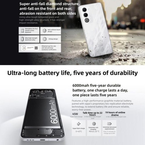 OPPO A6i 5G, 8 Go + 128 Go, lecteur d'empreintes digitales latéral, 6,67 pouces, ColorOS 15, Android 15, Dimensity 6300 Octa Core, réseau : 5G (noir) SO252B185-013